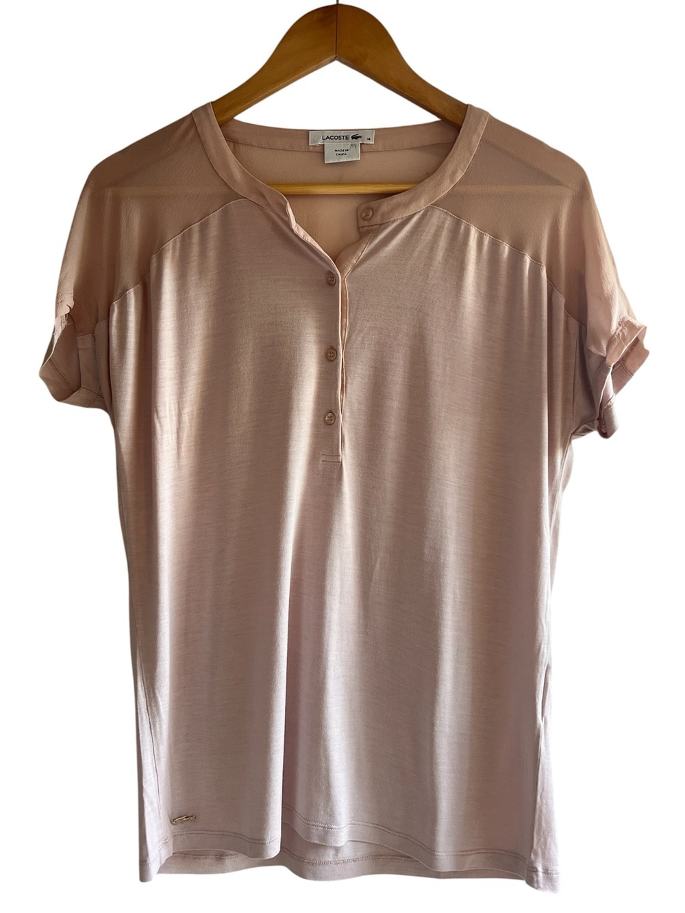 Lacoste Blush Pink Semi-Sheer Shoulder T-Shirt size 38 excellent condition